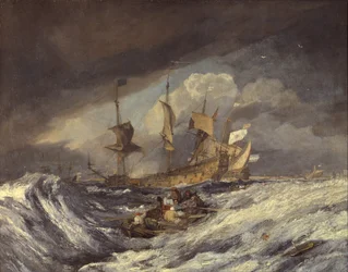 オランダの戦争の男性にアンカーを運ぶボート、c.1804