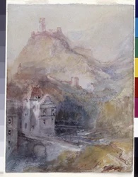 Cochem On The Mosel (aquarela e guache sobre papel azul)