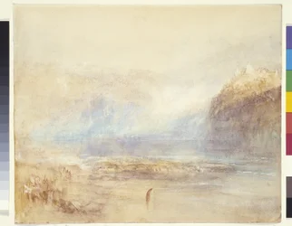 Falls Of The Rhine At Schaffhausen - Distant View (aquarela, caneta e tinta vermelha sobre lavagem cinza em papel branco)