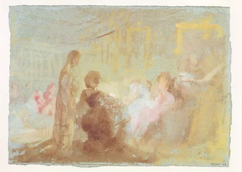 1830年に会話を交わす人々とのペットワースハウスのインテリア（ガッシュ）