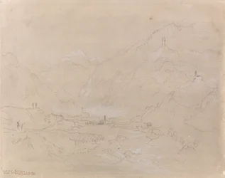 渓谷の町のある山岳風景、1840年頃（紙に黒鉛と灰色のウォッシュ）