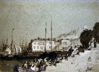 View of East Cowes, Isle of Wight（青い紙にペン、インク、ボディカラー）