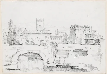 石橋と滝のあるイタリアの町