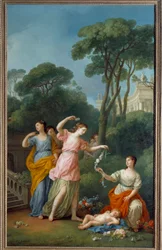 ギリシャの若い女性が花を分けて眠る愛の絵 ジョセフ・マリー・ヴィエン（1716-1809）の作品 1773年 日3,35×1,94m