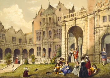 「中世の建築」、1838年にケンジントンのホーランドハウスのテラスの芝生でリフレッシュ