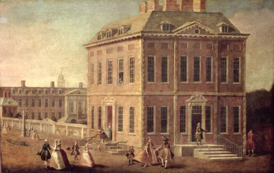 フォアグラウンドで歩いている人物がいるRanelagh House and Gardensとチェルシー病院の眺め