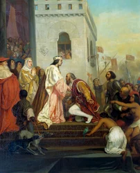 1493年にバルセロナで行われたスペイン王フェルディナンド2世（アラゴン家）とイザベラ1世（カスティーリャ家）によるクリストファー・コロンブス（1451-1506）のレセプション。 探検家は捕虜となったインディアンを連れて戻ってきます。詳細ジョセフ・ニコラ・ロベール・フルーリーの絵画（1