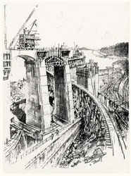 ガトゥンロックへのアプローチ、ジョセフペンネルによるパナマ運河のプレートVI、1912年（紙に木炭）