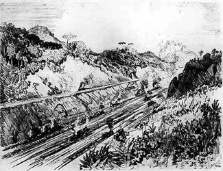 In the Cut at Las Cascades、ジョセフペネル作のパナマ運河からのプレートXII、1912年（紙に木炭）