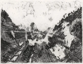 アンコンヒルに向けたカットプレート、ジョセフペネル作のパナマ運河からのプレートXVII、1912年（紙に木炭）