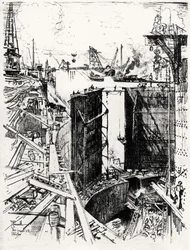 ガトゥンの守衛門、ジョセフペネル作のパナマ運河のV版、1912年（紙に木炭）