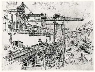 ミラフローレス水門の壁、ジョセフペネル作のパナマ運河のプレートXXIII、1912年（紙に炭）