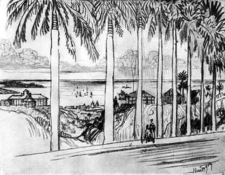 アンコンヒルからの眺め、ジョセフペネル作のパナマ運河からのプレートXXV、1912年（紙に木炭）
