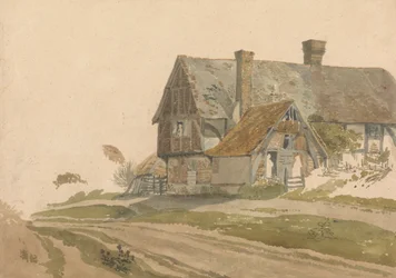 Maalaistalo hahmoilla ovella ja ikkunalla