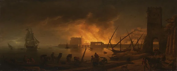 夜の港の火災、1748年