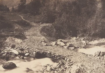 パリジャンの滝、ルションからの帰りに撮影されたスレート橋、1853 年。