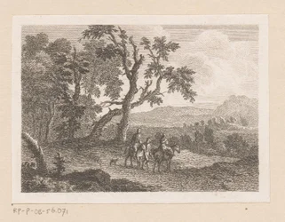 二人の騎手と徒歩の男のいる風景