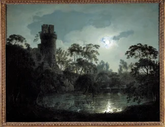 湖と城のある月光 ロマンチックな夜の風景ダービーのジョセフ・ライト（1734-1797）による絵画 1787年 個人蔵