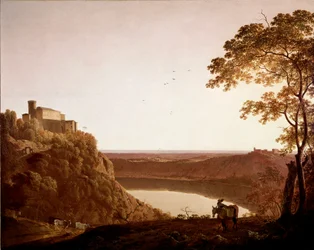 夕暮れのネミ湖の眺め ダービーのジョセフ・ライト・ディット・ライト（1734-1797）による絵画