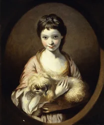 犬を抱いたピンクと白のドレスを着たミスエミリアヴァンシタートの肖像、ハーフレングス、1767-68年