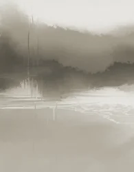 霧に包まれた水面の映り込み