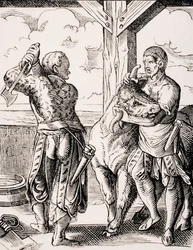 The Butcher and his Assistant、1847 年に出版された Paul Lacroix (1806-84) の「Le Moyen Age et La Renaissance」からの Jost Amman (1539-91) による 16 世紀の彫刻の複製 (リソ)