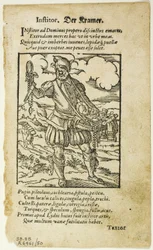 De omnibus illiberalibus sive mechanismis artibus by Hartmann Schhopper の Der Kramer (The Peddler)、16 世紀の本の木版画のプレート 50