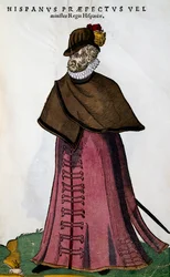 スペイン王室の大臣の衣装、ヨスト・アマン（1539-1591）の版画（「Habitus praecipuorum populorum, virorum tam quam singulari foeminarum art depicti」より）。
