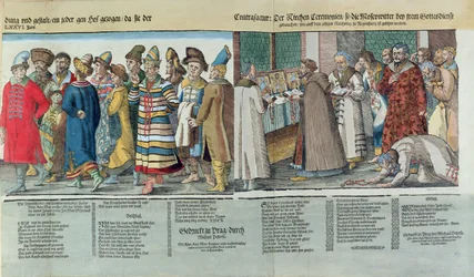 1576年にレーゲンスブルクの神聖ローマ皇帝に派遣されたロシアのイワン4世大使館（1530〜84年）（色付きの木版画）（詳細）
