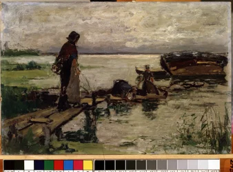 ""On the shore"" (海辺で) 水辺にいるオランダの農民の女性。 Josef Israels (1824-1911) による絵画 Mikalojus Konstantinas Ciurlionis Fine Arts Museum、カウナス、リトアニア