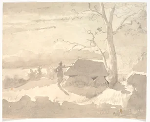 月明かりの風景。 ドルメンの隣のハンター
