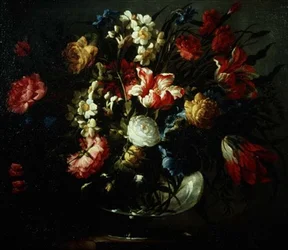 ガラスの花瓶のチューリップ、カーネーション、ナルシス
