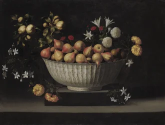 チャイナボウルの中の花と果物、1645年頃