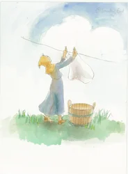 中世の少女が洗濯物を干している様子（2004年