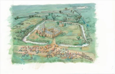 12世紀後半にラットン修道院があったと思われる斜視図を描いた復元画。