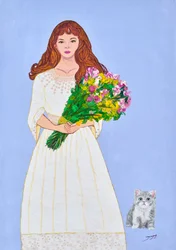 花と子猫を持つ少女