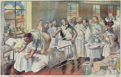「美しいフィスチュラ」医療従事者をからかう似顔絵、「L&39;Assiette au Beurre」からの漫画、1902