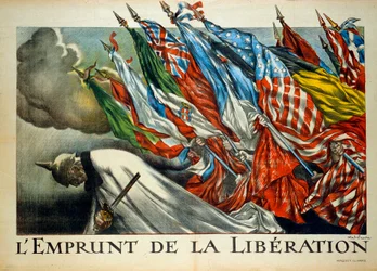 第一次世界大戦：「解放の借用」、連合国旗の下で頭を下げるウィリアム2世（1859 - 1941年）。アベル・フェーヴル（1867-1945）によるイラスト