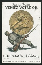 ポストカード『Satirique en Colours』、1915年頃の作品。フランスのために」「金を注ぐ」「14-18年戦争」「ドイツ・プロイセン」「銀」「敵対勢力とシンボル」「勝利」「借用」「愛国の旅」「雄鶏」「アベル・フェーヴル（1867-1945）のイラスト