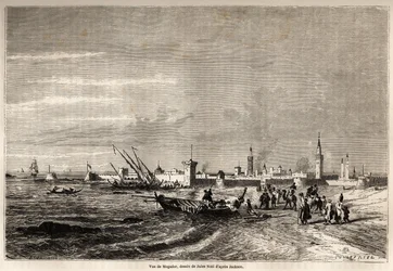 ジュール・ノエル（1810-1881）が描いたエッサウイラ（旧モガドール）の眺め。パリの "Le tour du monde, nouveau journal des voyages "に掲載された版画。