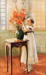 春の花をアレンジする少女