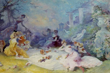 芝生の上での朝食 田舎のピクニックの風景。ジュール・シェレ（1836-1932）の絵画 20世紀 ニース、シェレ美術館