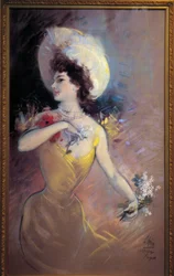 ファジェット、帽子と花束を持つ若い女性。ジュール・シェレ（1836-1932）による絵画、1900年。ニース、シェレ美術館