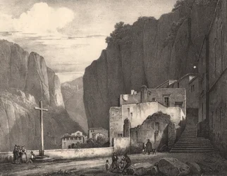 イタリア、カンパニア州、アマルフィの眺め、ジュール・コイネ (1798-1860) による描画後のリトグラフ、258x245 cm