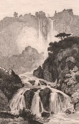 イタリア、ウンブリア州、テルニ近郊のマルモアの滝（Cascata delle Marmore）の眺め、Jules Coignet（1798-1860）のデッサンに基づくスチール・エングレーヴィング、約14x20cm。