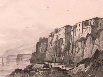 Torquato Tasso の家のあるソレントの眺め、カンパニア、イタリア、Jules Coignet (1798-1860) による描画後の Sauvage による鋼の彫刻、約 13x10 cm