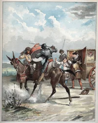 敵を攻撃するドン・キホーテ - Don Quixote, sur son cheval se precipite sur son enemy - Miguel de Cervantes Saavedra (1547-1616) の Histoire de Don Quixote (Don Quixote) - 1887 より Jules David (1808-1892) のイラスト - 。