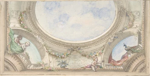 オテル・ド・トレヴィーズのダイニングルームのだまし絵の天井のデザイン、1850-1910年制作者：Jules-Edmond-Charles Lachaise, Eugène-Pierre Gourdet.