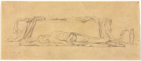 1800年代、墓地に横たわる死んだキリストのスケッチ。