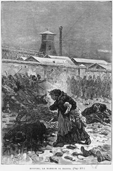 「Stupide、La Maheude se baissa」、エミールゾラ作「Germinal」（1840-1902年）のイラスト、欲望デュモン（19世紀）、1886年版